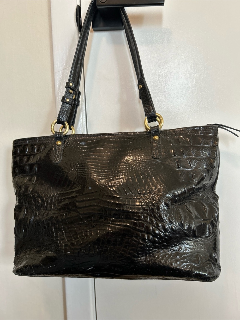Brahmin Black Croc-Embossed Shoulder Tote with Gold Hardware - Picture 4 of 6